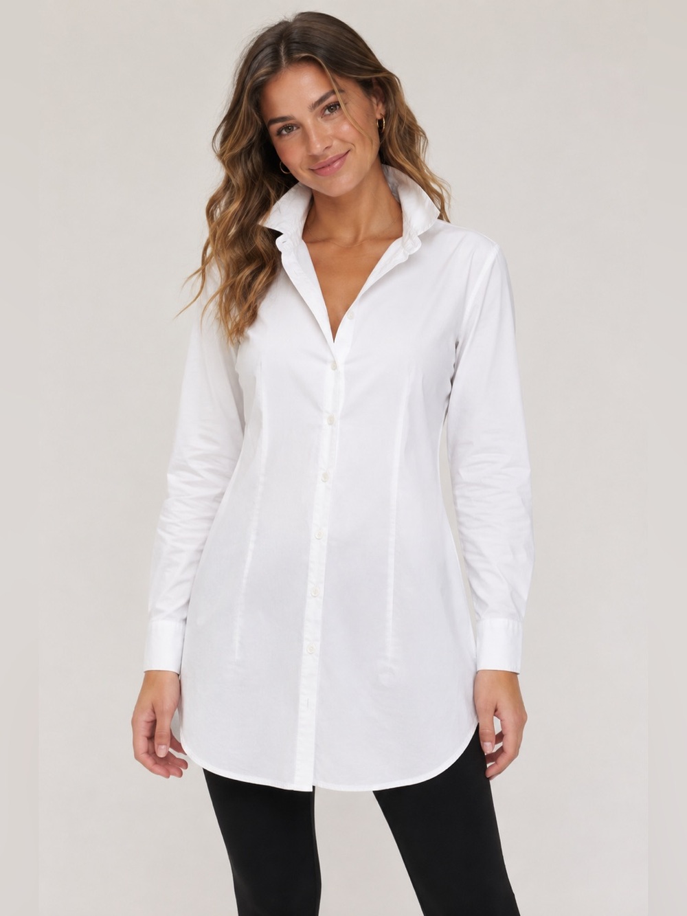 Jill White Stretch Cotton Tunic Button Down Shirt L Long Sleeve